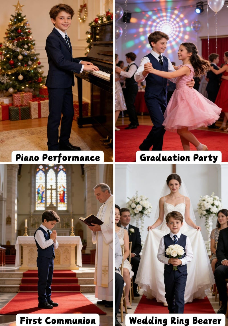 Visaccy Suit for Boys 5 Pieces Kids Tuxedo Toddler Slim Fit Suits Outfit for Wedding Navy Blue Size 12 - Image 5